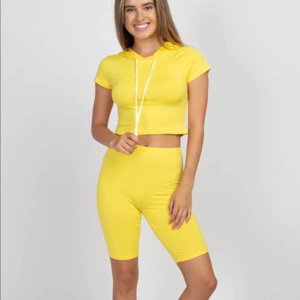 Yellow 2 Piece White Stripe Shorts Set